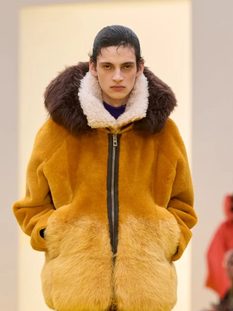 Горчичная меховая куртка на молнии с темным меховым капюшоном, Loewe