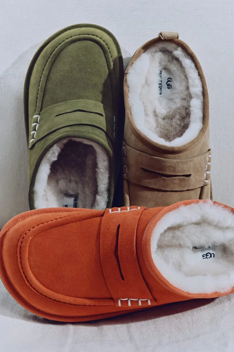 Лоферы UGG x JW Anderson в цветах хаки, каштановый и оранжевый с перемычкой пенни-лофера